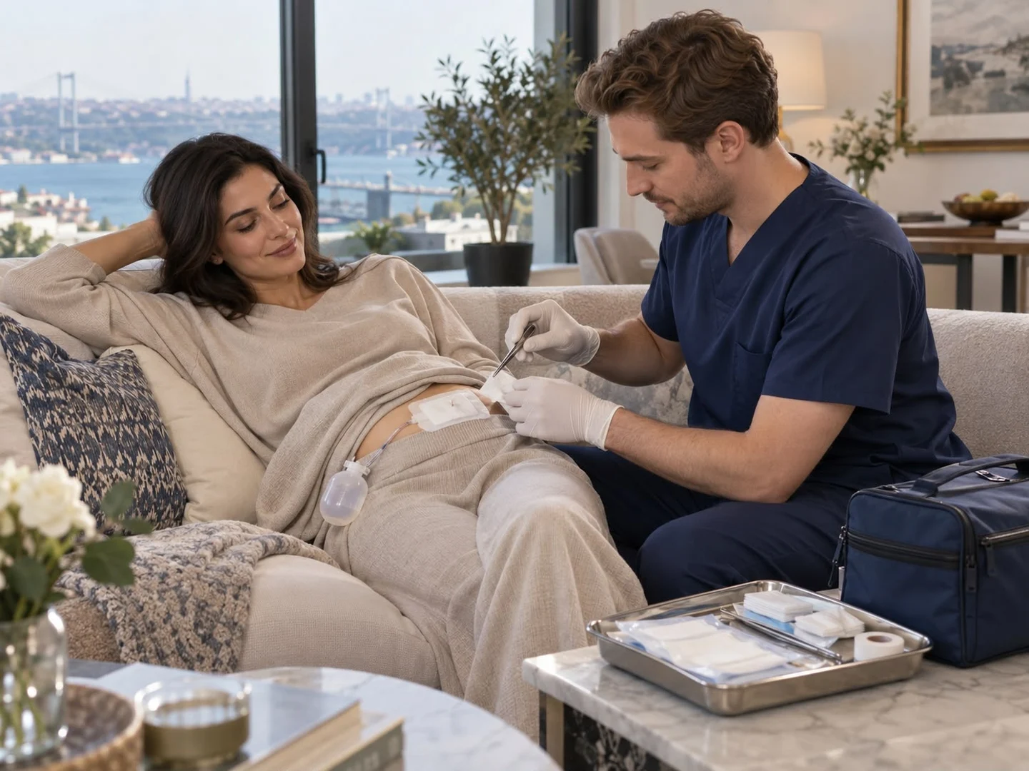 Post-operative dressing and drain care at home, illustrative image
