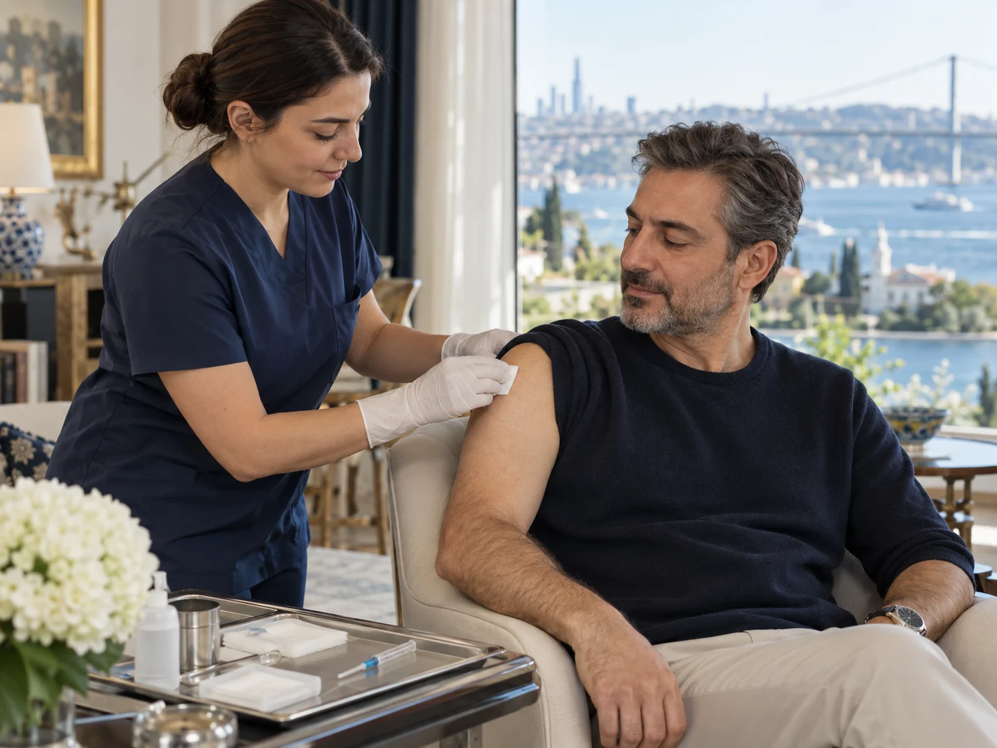 Preparation for an intramuscular injection at home, illustrative image